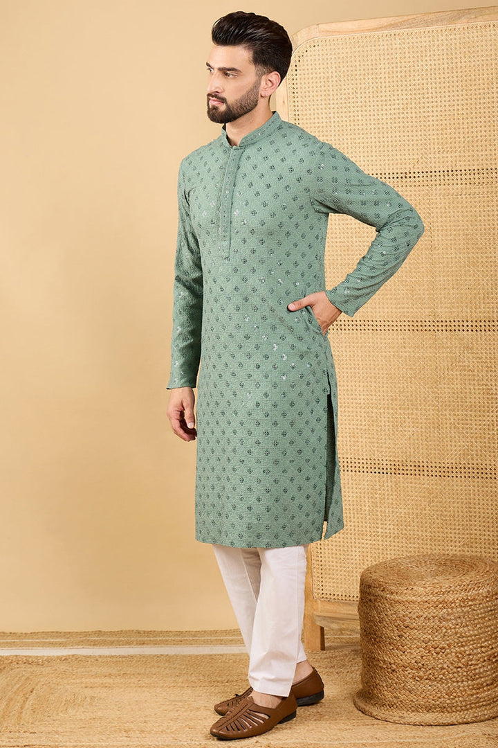 Green Viscose Rayon Solid Embroidered Straight Kurta with Trousers  | SHOBITAM