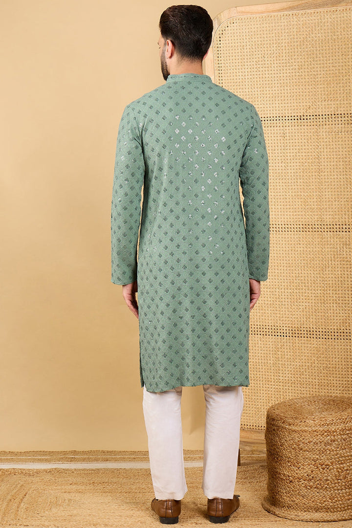 Green Viscose Rayon Solid Embroidered Straight Kurta with Trousers  | SHOBITAM