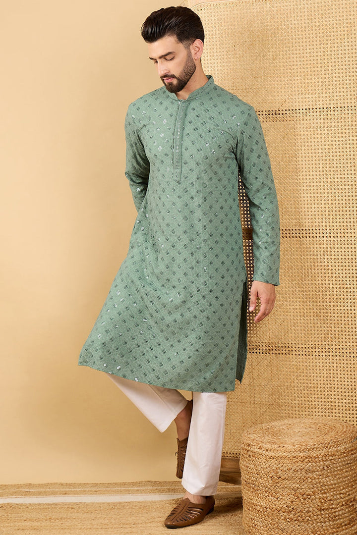 Green Viscose Rayon Solid Embroidered Straight Kurta with Trousers  | SHOBITAM