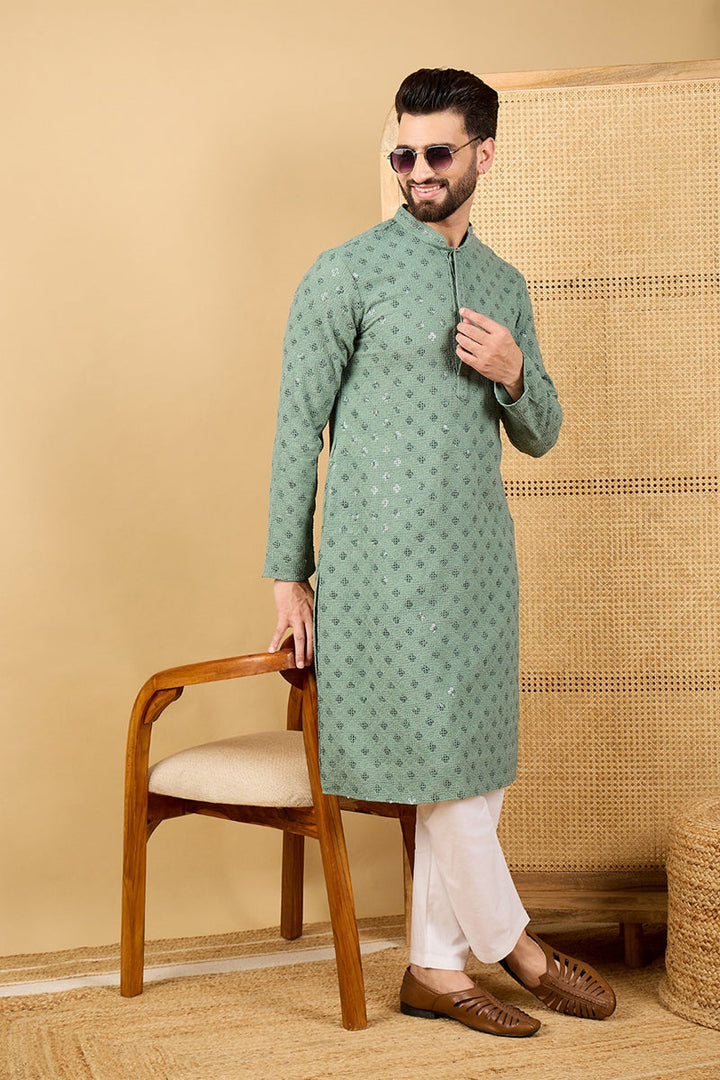 Green Viscose Rayon Solid Embroidered Straight Kurta with Trousers  | SHOBITAM