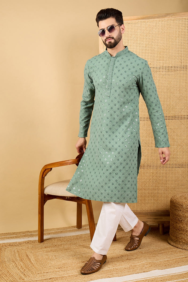 Green Viscose Rayon Solid Embroidered Straight Kurta with Trousers  | SHOBITAM