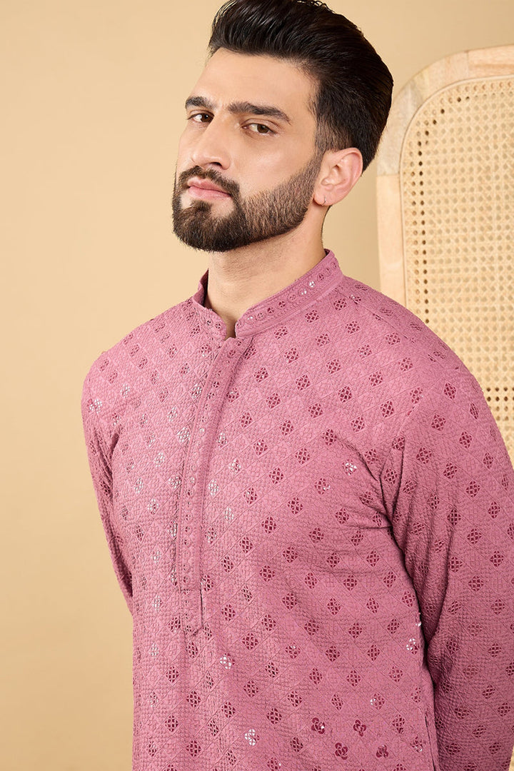 Mauve Viscose Rayon Solid Embroidered Straight Kurta with Trousers | Shobitam