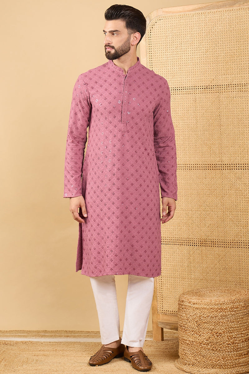 Mauve Viscose Rayon Solid Embroidered Straight Kurta with Trousers | Shobitam