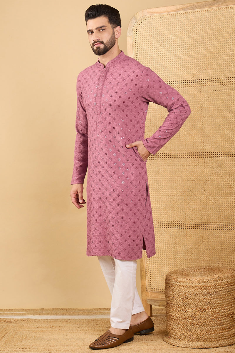 Mauve Viscose Rayon Solid Embroidered Straight Kurta with Trousers | Shobitam