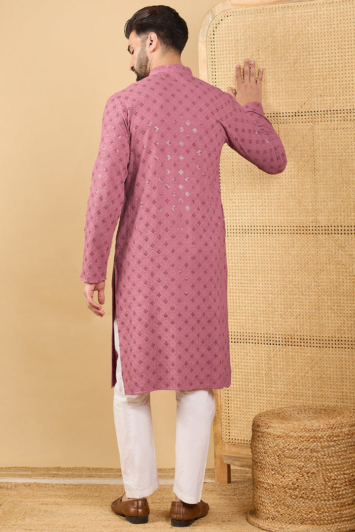 Mauve Viscose Rayon Solid Embroidered Straight Kurta with Trousers | Shobitam