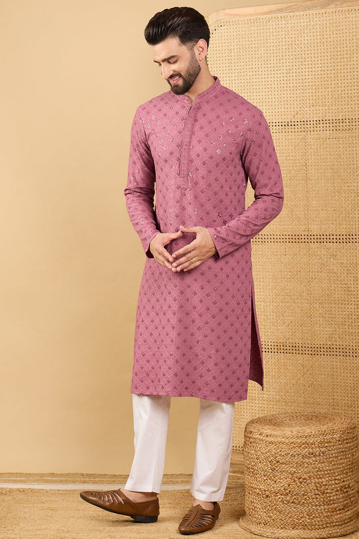 Mauve Viscose Rayon Solid Embroidered Straight Kurta with Trousers | Shobitam