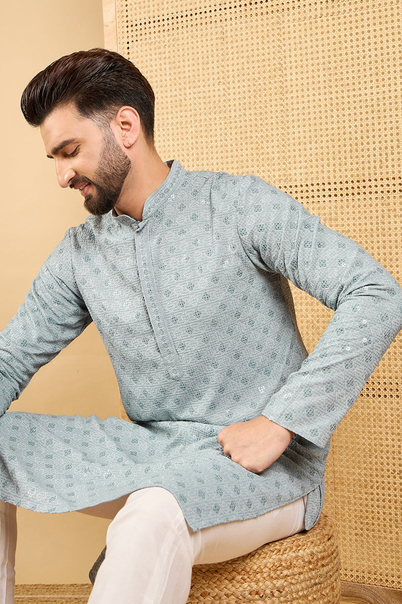 Grey Viscose Rayon Solid Embroidered Straight Kurta with Trouser | SHOBITAM