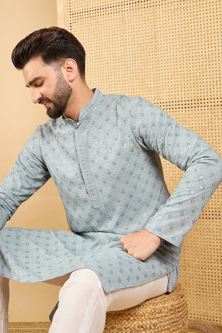 Grey Viscose Rayon Solid Embroidered Straight Kurta with Trouser | SHOBITAM