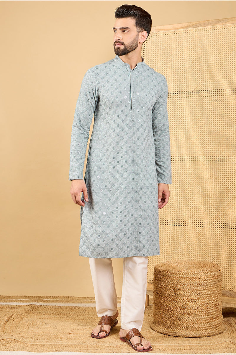 Grey Viscose Rayon Solid Embroidered Straight Kurta with Trouser | SHOBITAM