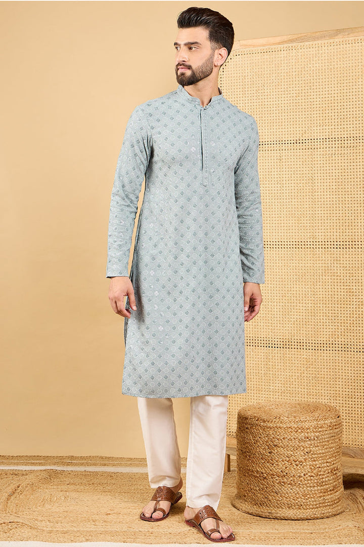 Grey Viscose Rayon Solid Embroidered Straight Kurta with Trouser | SHOBITAM