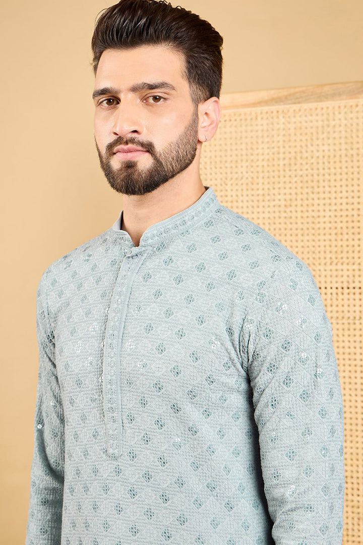 Grey Viscose Rayon Solid Embroidered Straight Kurta with Trouser | SHOBITAM