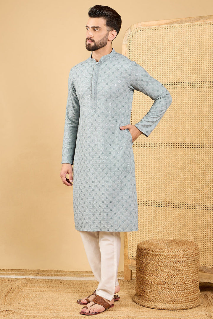 Grey Viscose Rayon Solid Embroidered Straight Kurta with Trouser | SHOBITAM
