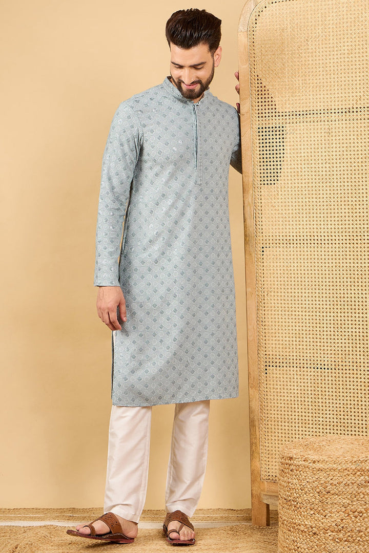 Grey Viscose Rayon Solid Embroidered Straight Kurta with Trouser | SHOBITAM