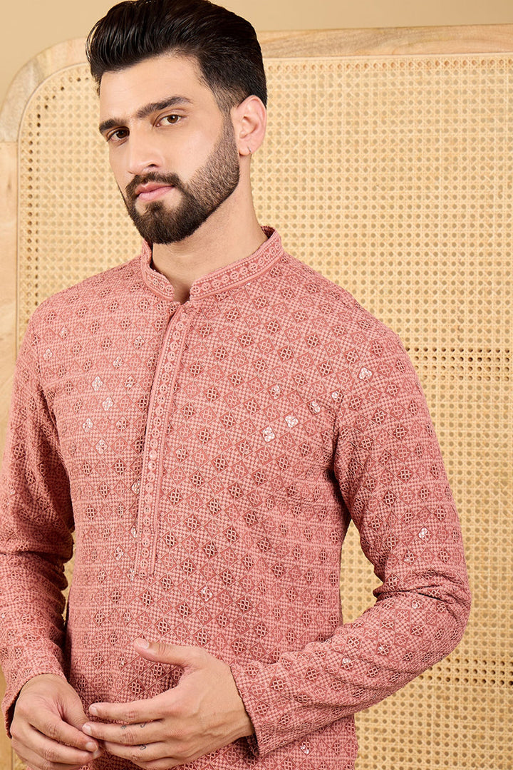Rust Viscose Rayon Solid Embroidered Straight Kurta with Trouser  | SHOBITAM