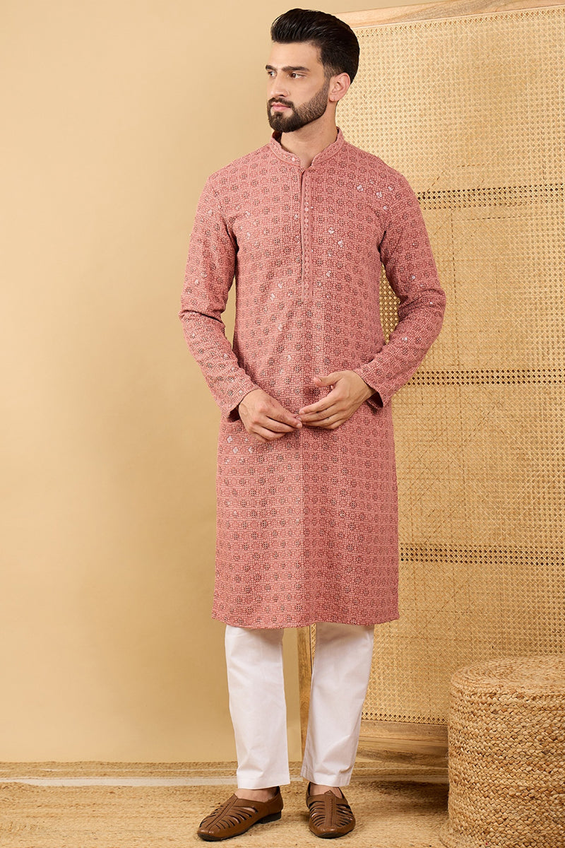 Rust Viscose Rayon Solid Embroidered Straight Kurta with Trouser  | SHOBITAM