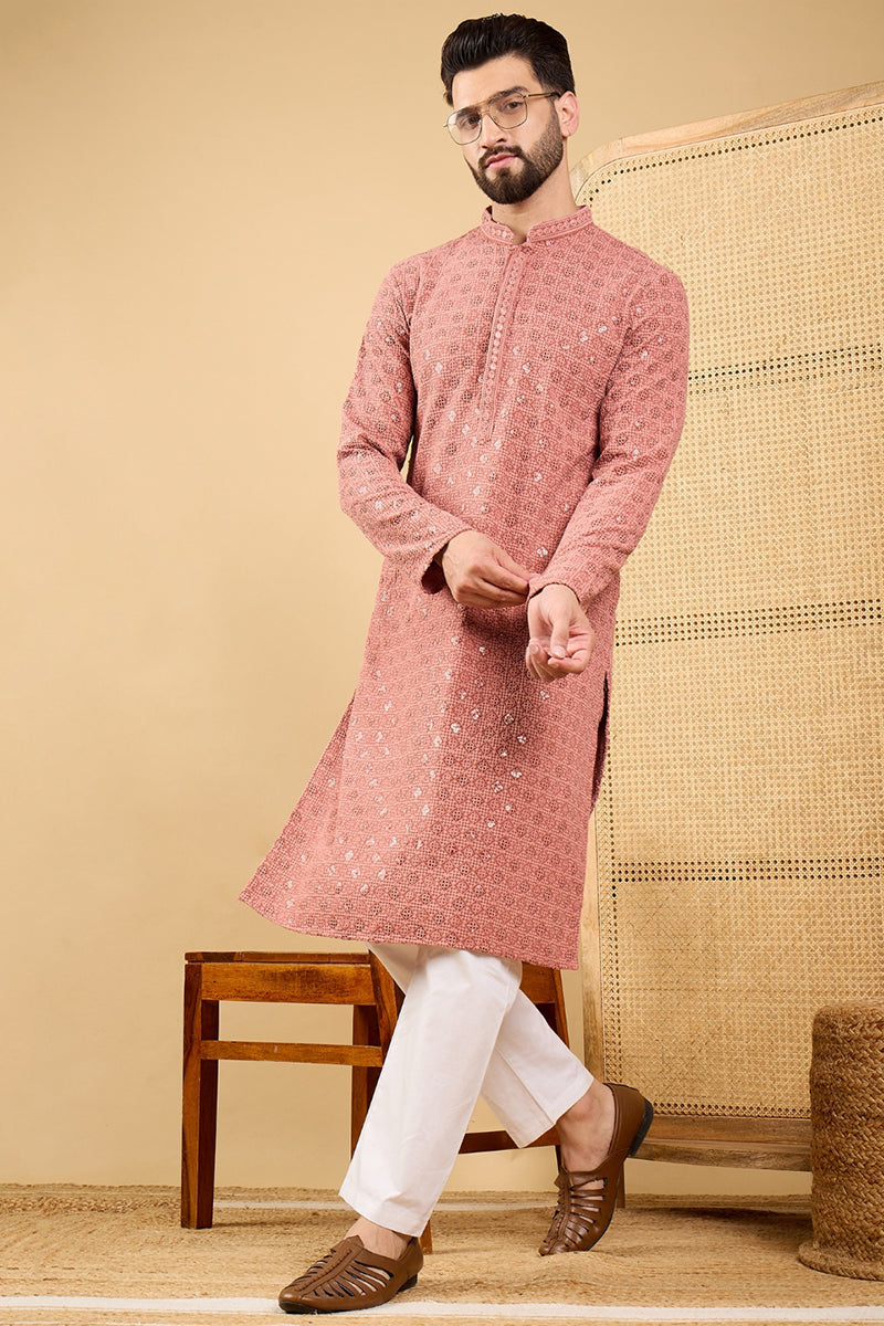 Rust Viscose Rayon Solid Embroidered Straight Kurta with Trouser  | SHOBITAM