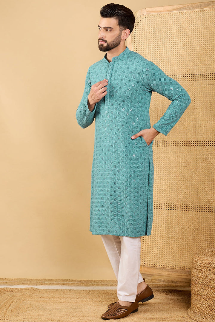 Blue Viscose Rayon Solid Embroidered Straight Kurta with Trouser  | SHOBITAM