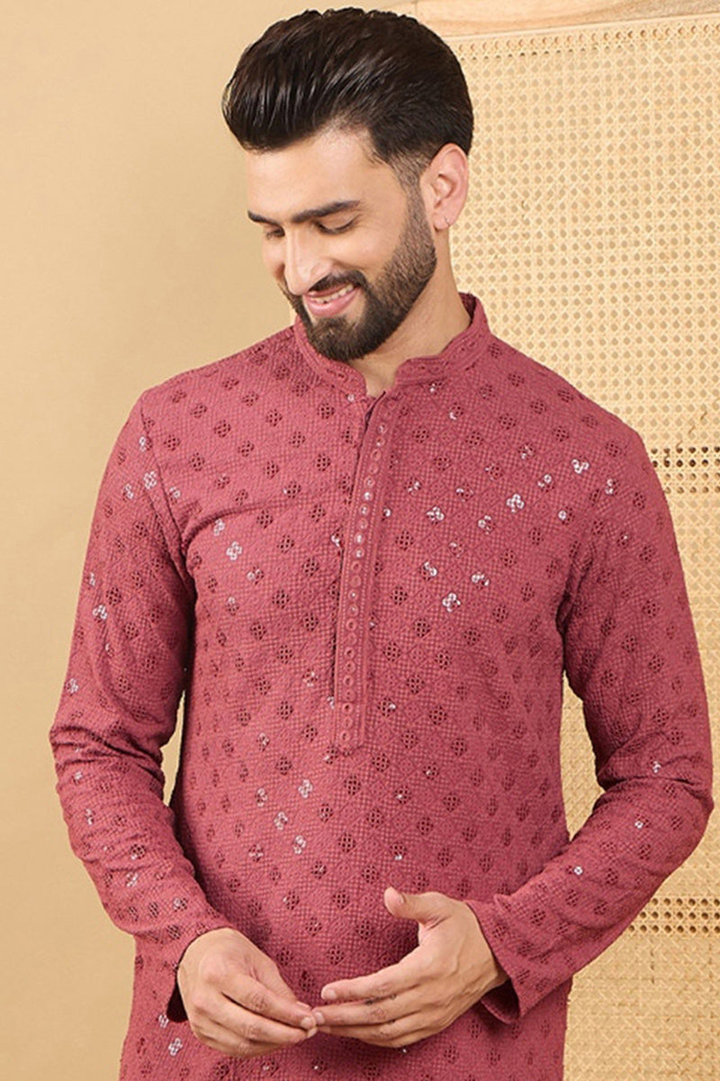 Red Viscose Rayon Solid Embroidered Straight Kurta with Trouser  | SHOBITAM