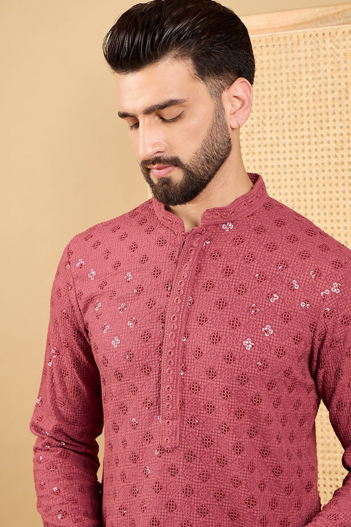 Red Viscose Rayon Solid Embroidered Straight Kurta with Trouser  | SHOBITAM