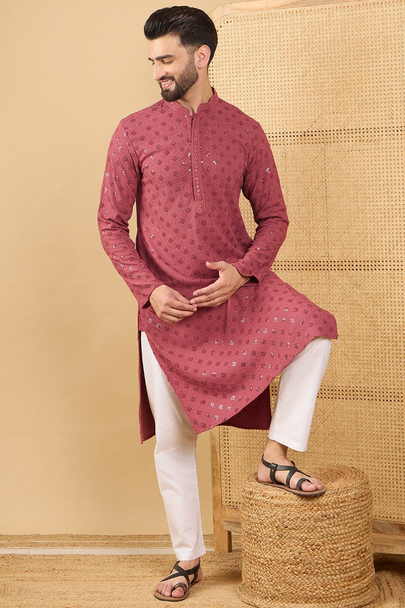Red Viscose Rayon Solid Embroidered Straight Kurta with Trouser  | SHOBITAM