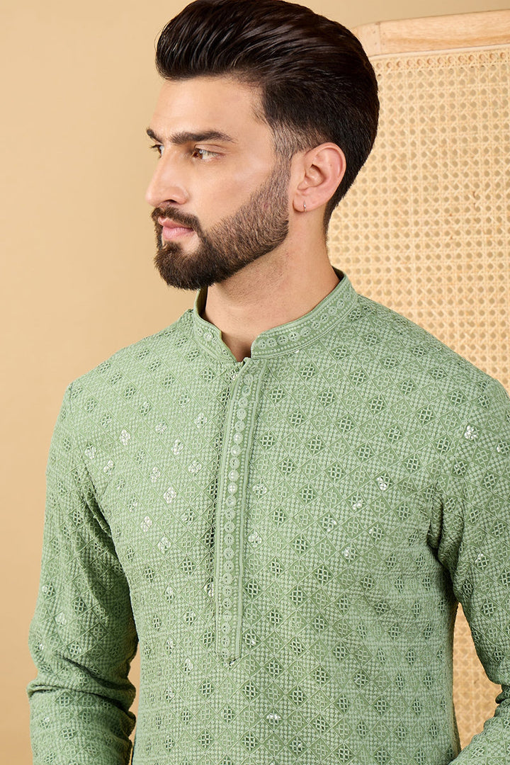 Green Viscose Rayon Solid Embroidered Straight Kurta with Trousers | SHOBITAM
