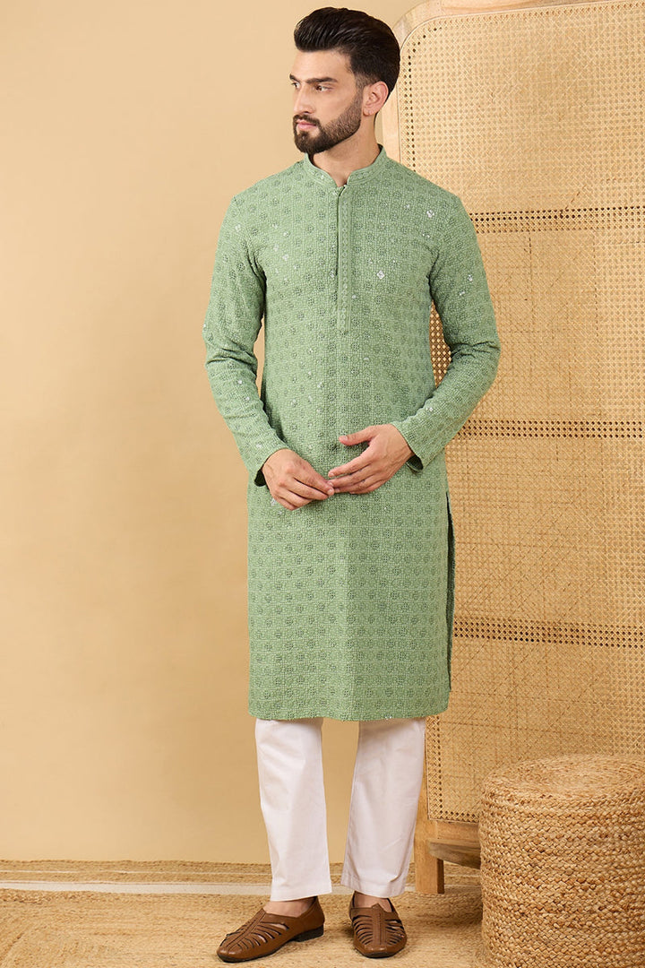 Green Viscose Rayon Solid Embroidered Straight Kurta with Trousers | SHOBITAM