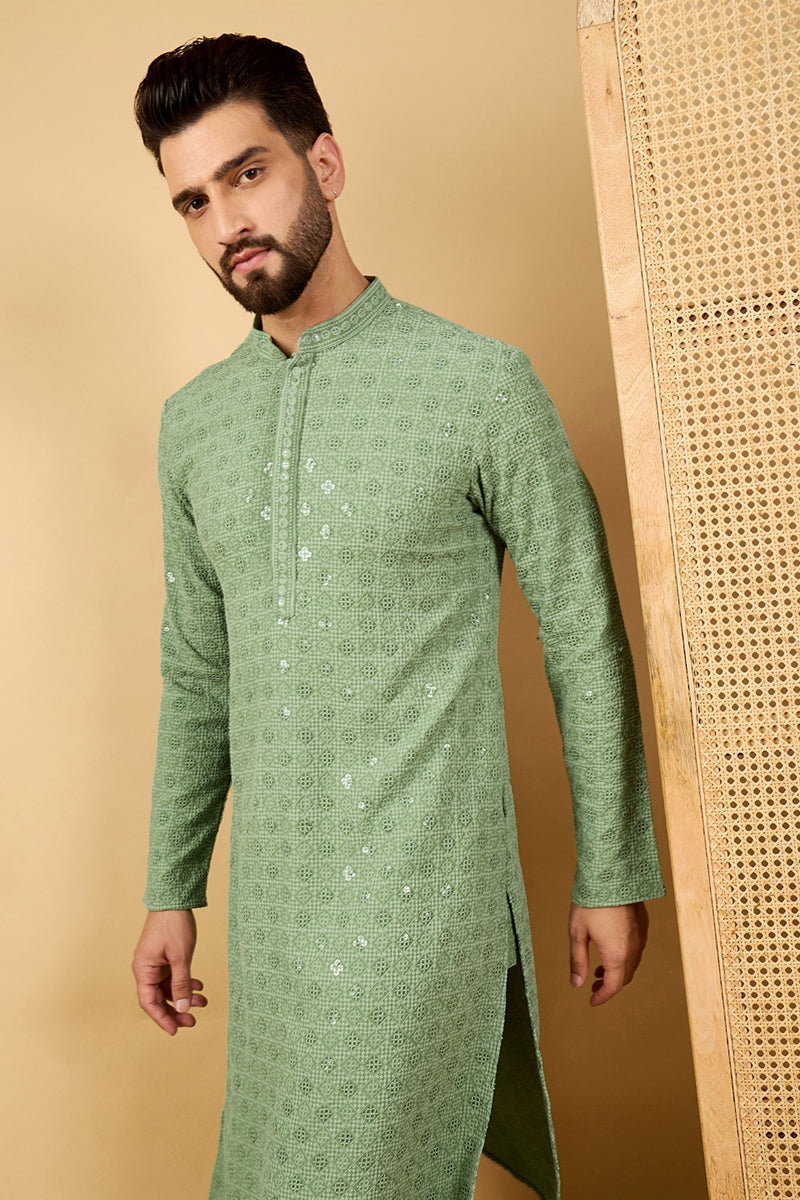 Green Viscose Rayon Solid Embroidered Straight Kurta with Trousers | SHOBITAM