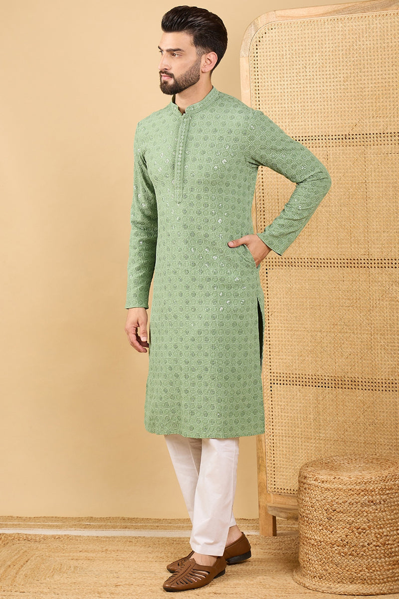 Green Viscose Rayon Solid Embroidered Straight Kurta with Trousers | SHOBITAM