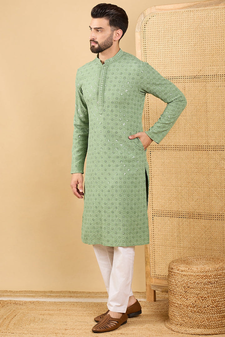 Green Viscose Rayon Solid Embroidered Straight Kurta with Trousers | SHOBITAM