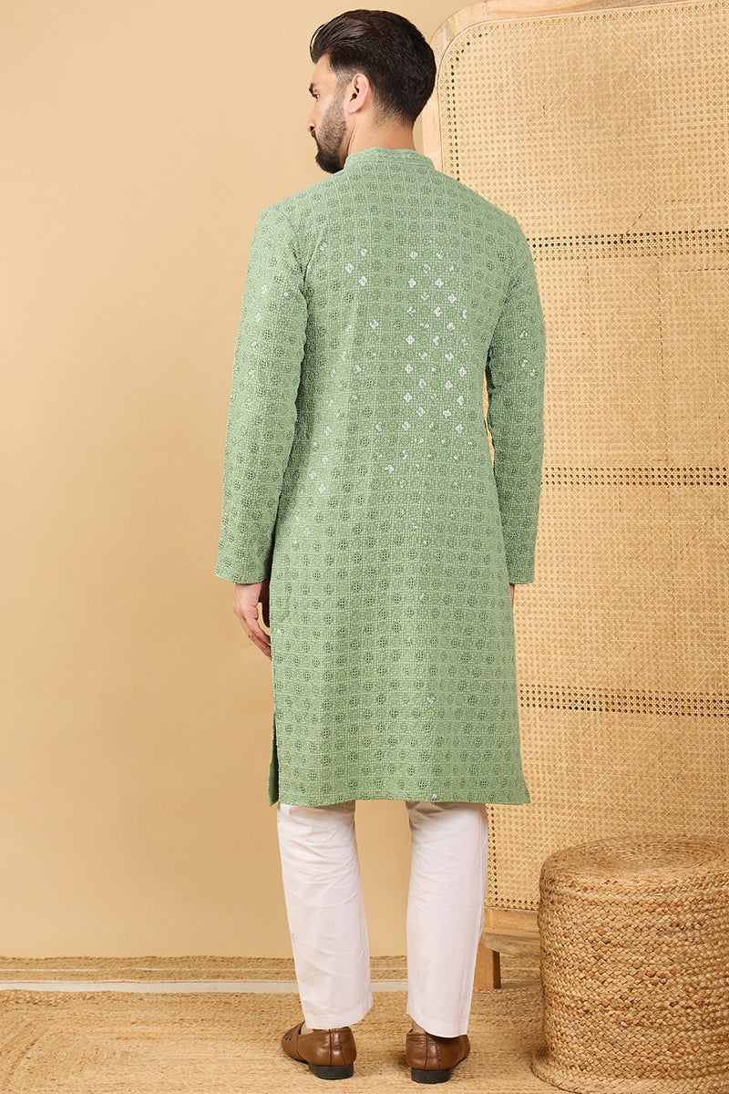 Green Viscose Rayon Solid Embroidered Straight Kurta with Trousers | SHOBITAM