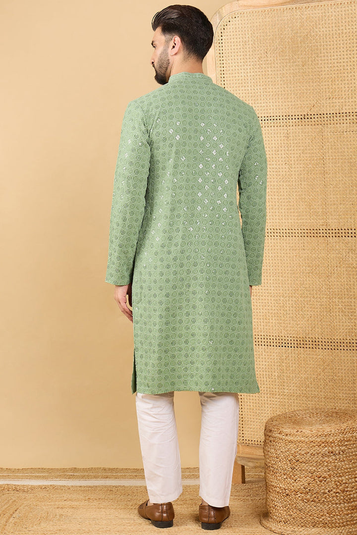 Green Viscose Rayon Solid Embroidered Straight Kurta with Trousers | SHOBITAM