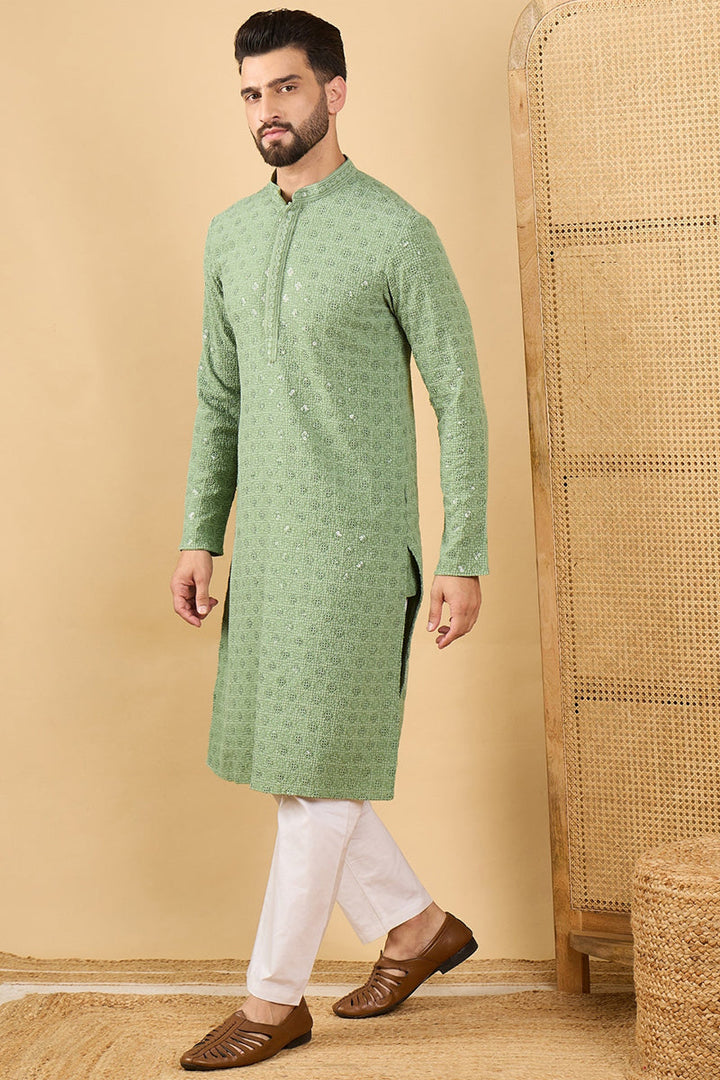 Green Viscose Rayon Solid Embroidered Straight Kurta with Trousers | SHOBITAM