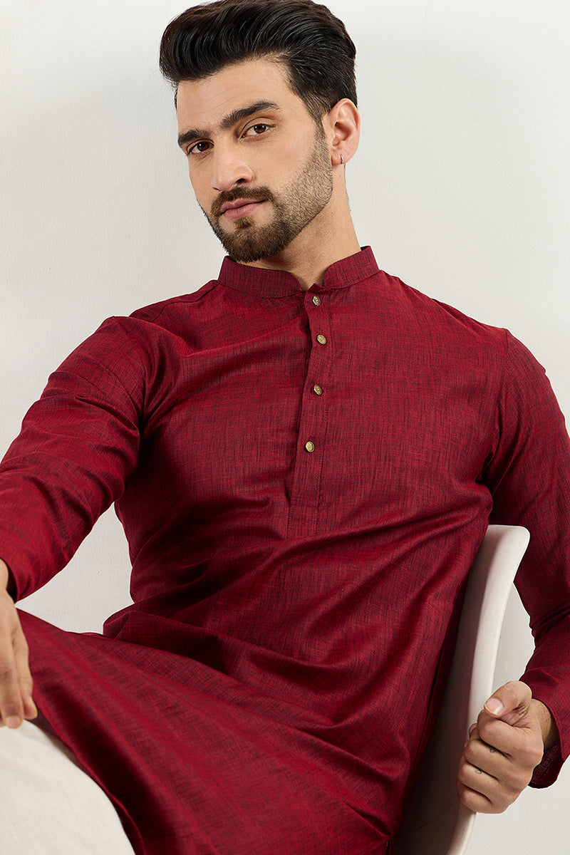 Maroon Pure Cotton Solid Woven Design Straight Kurta with Trousers | SHOBITAM