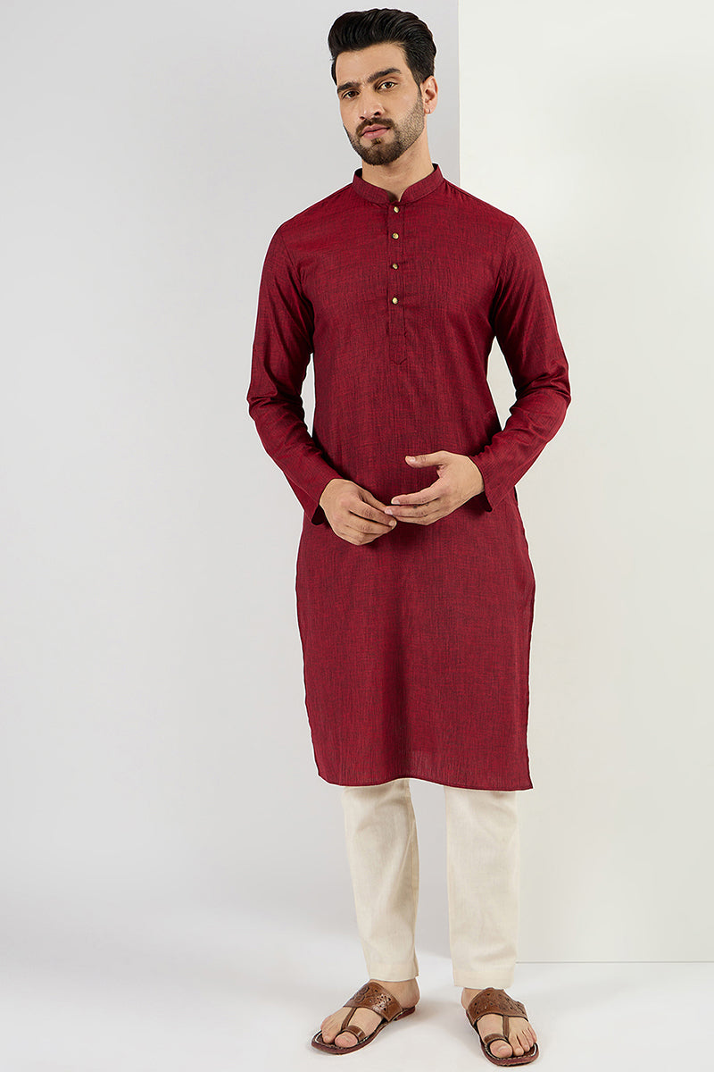 Maroon Pure Cotton Solid Woven Design Straight Kurta with Trousers | SHOBITAM