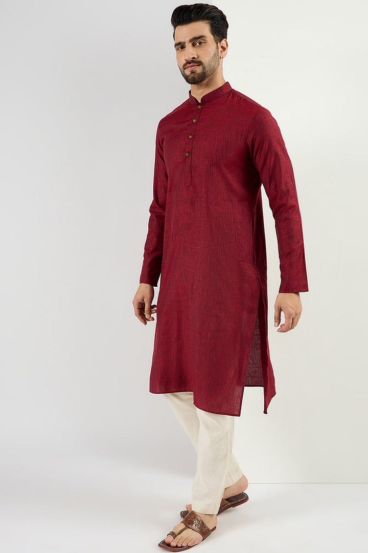Maroon Pure Cotton Solid Woven Design Straight Kurta with Trousers | SHOBITAM