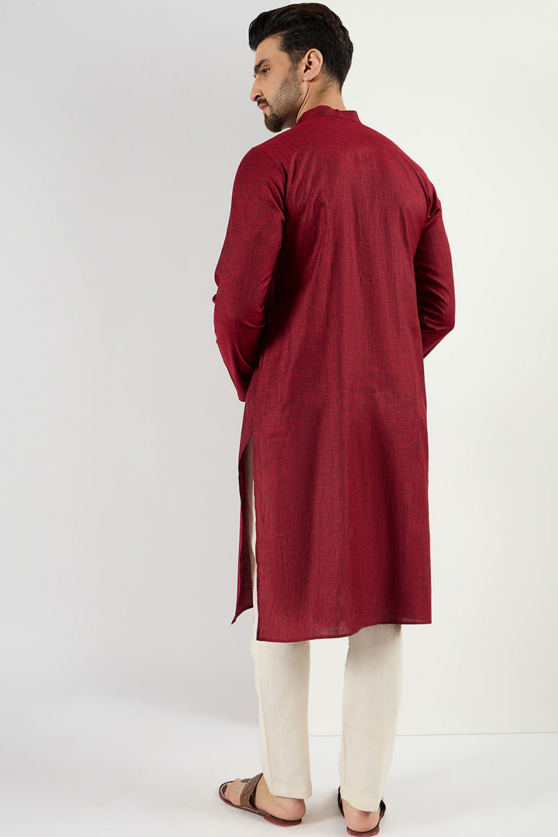 Maroon Pure Cotton Solid Woven Design Straight Kurta with Trousers | SHOBITAM