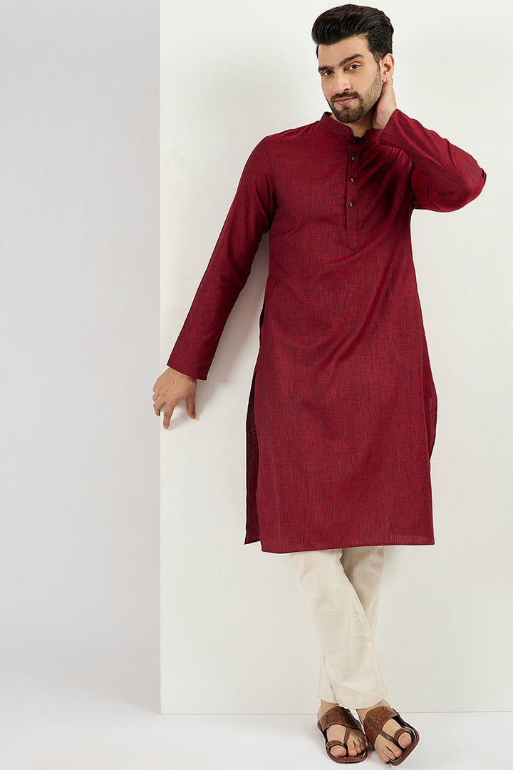 Maroon Pure Cotton Solid Woven Design Straight Kurta with Trousers | SHOBITAM