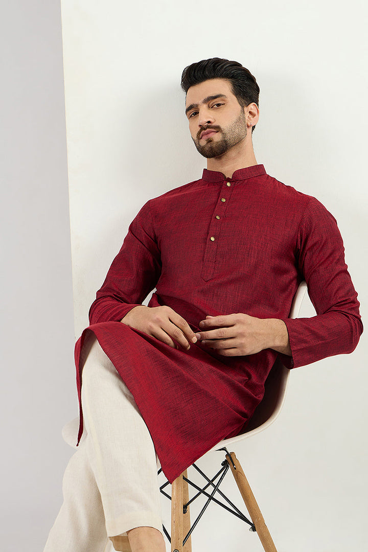 Maroon Pure Cotton Solid Woven Design Straight Kurta with Trousers | SHOBITAM