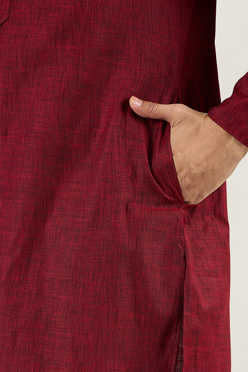 Maroon Pure Cotton Solid Woven Design Straight Kurta with Trousers | SHOBITAM