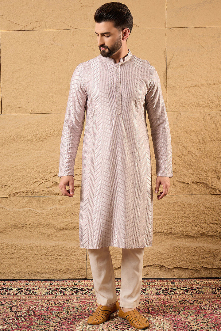 Lavender Viscose Rayon Solid Embroidered Straight Kurta with Trousers | SHOBITAM