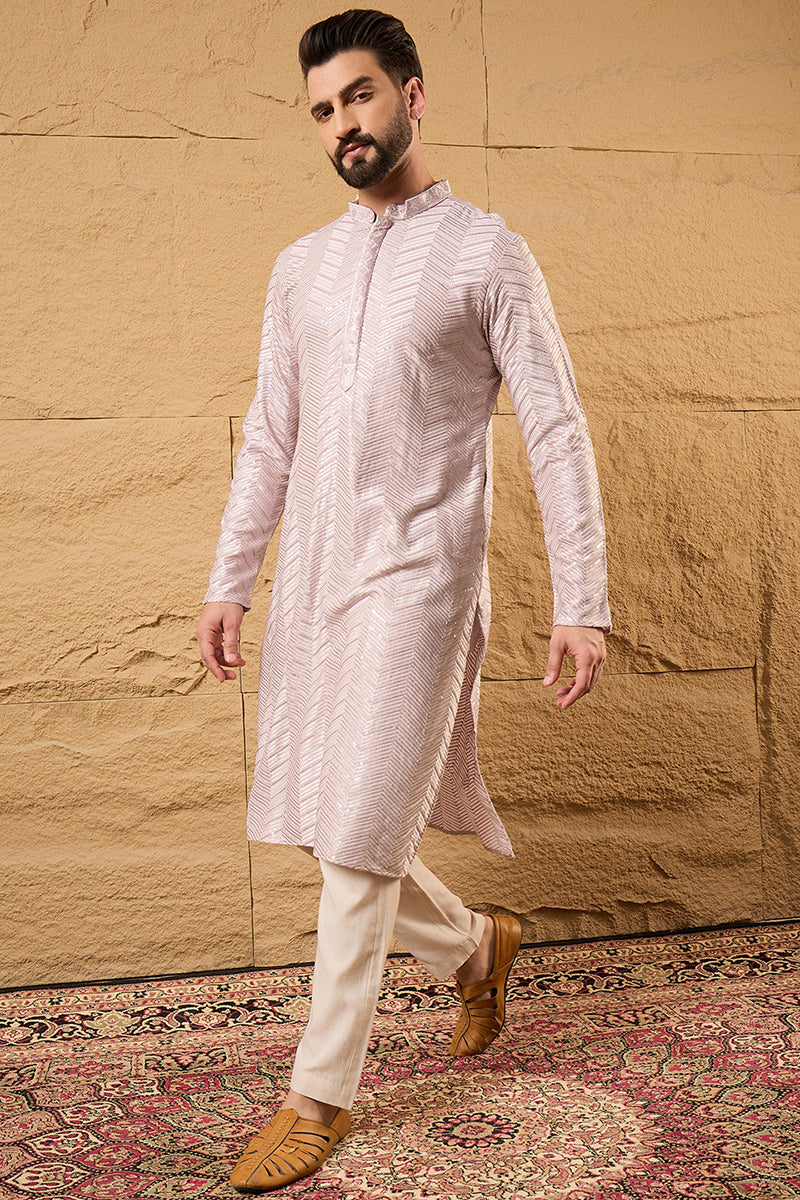 Lavender Viscose Rayon Solid Embroidered Straight Kurta with Trousers | SHOBITAM