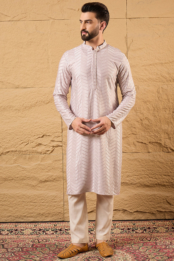 Lavender Viscose Rayon Solid Embroidered Straight Kurta with Trousers | SHOBITAM