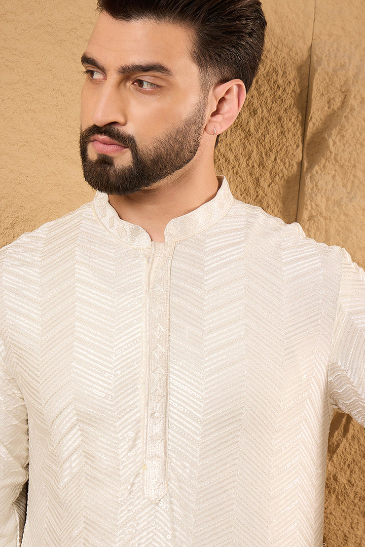Off White Viscose Rayon Solid Embroidered Straight Kurta with Trousers | Shobitam