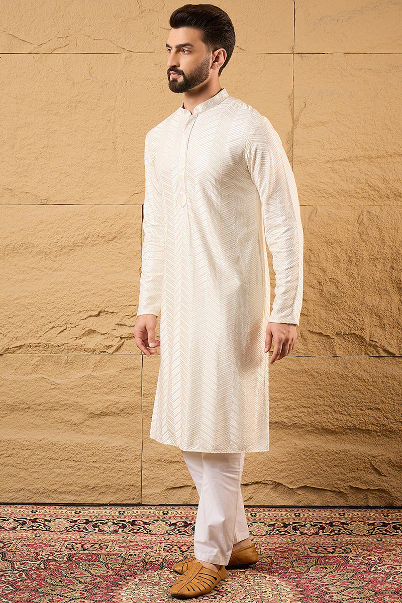 Off White Viscose Rayon Solid Embroidered Straight Kurta with Trousers | Shobitam