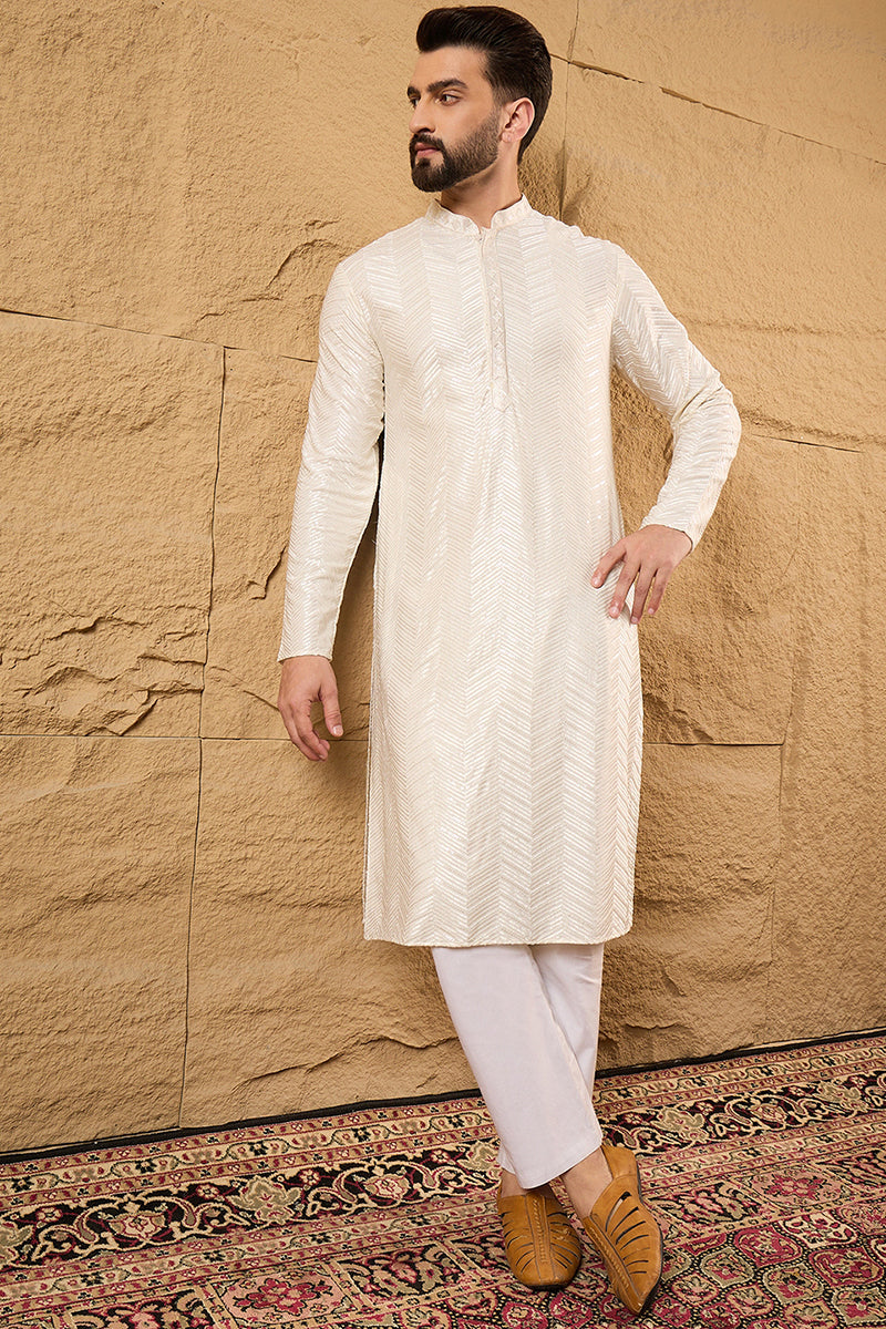Off White Viscose Rayon Solid Embroidered Straight Kurta with Trousers | Shobitam
