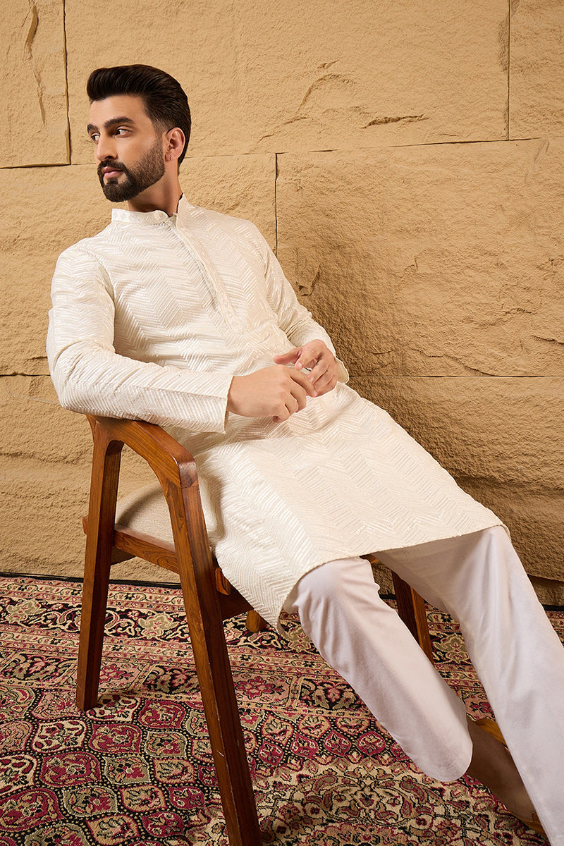 Off White Viscose Rayon Solid Embroidered Straight Kurta with Trousers | Shobitam