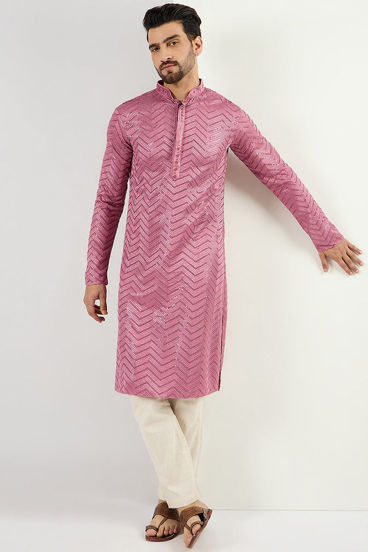 Pink Viscose Rayon Solid Embroidered Straight Kurta with Trouser  | SHOBITAM