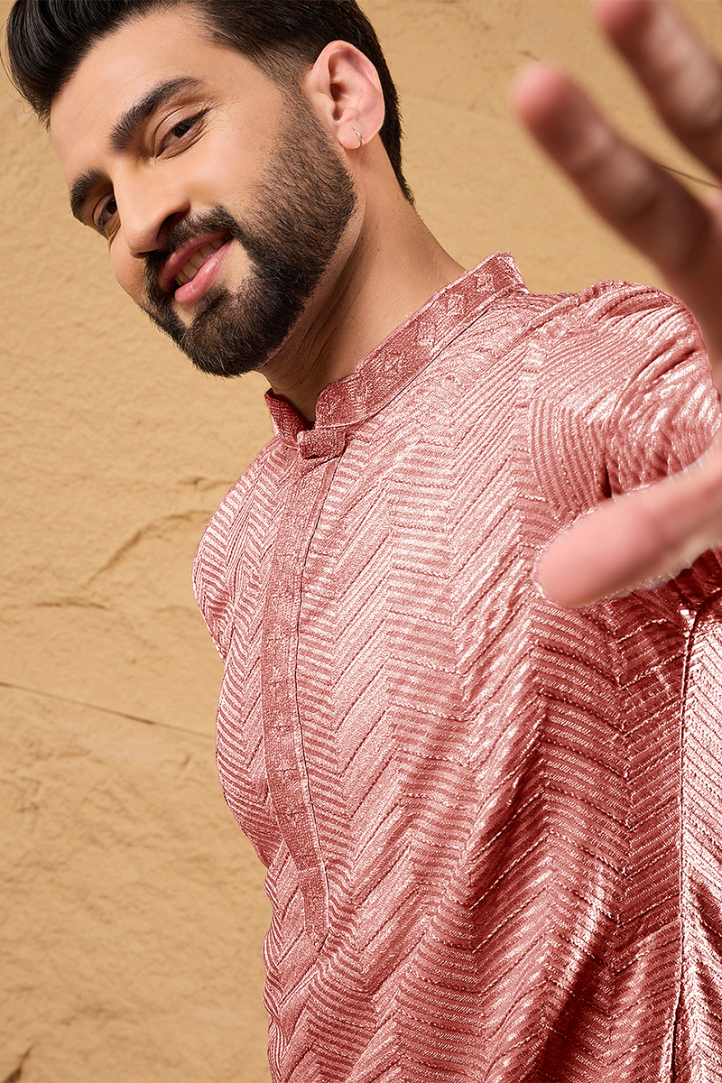 Peach Viscose Rayon Solid Embroidered Straight Kurta with Trousers | Shobitam