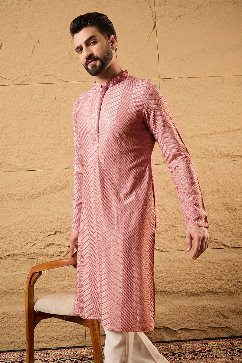 Peach Viscose Rayon Solid Embroidered Straight Kurta with Trousers | Shobitam