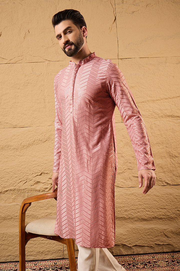 Peach Viscose Rayon Solid Embroidered Straight Kurta with Trousers | Shobitam